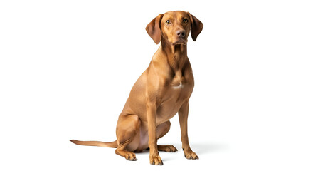 Vizsla dog sitting attentively on a white background, looking forward.