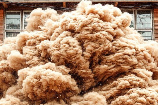 A large, tan cloud of dust or debris erupts against a building - Powered by Adobe