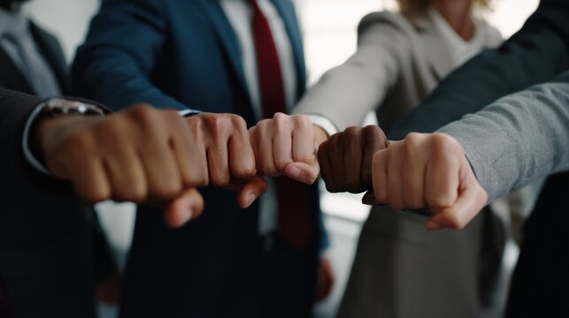 Group of diverse professionals in business attire perform powerful fist bump, symbolizing teamwork and unity in corporate setting