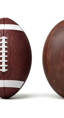 Two american footballs, one beside the other, against a plain white background, displaying a rich brown leather texture and distinct stitching details.