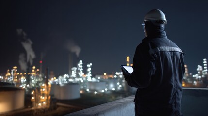 Worker in hard hat observes large industrial refinery glowing with lights at night, using tablet. scene is illuminated by refinery lights, creating high fidelity, atmospheric view