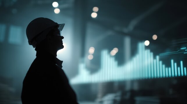Silhouette of industrial worker wearing helmet is seen against backdrop of holographic data display in dimly lit factory setting, conveying futuristic and technological atmosphere - Powered by Adobe