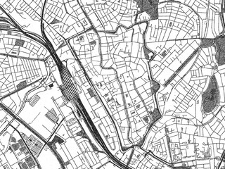 Illustrated city map of Utrecht Centrum, Netherlands, in black and white, showing roads and textures.