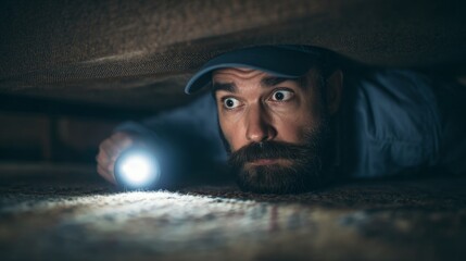 in this image, a man is peering into what appears to be an enclosed space with a flashlight, possibly searching for something important. he is dressed casually and seems intent on his task
