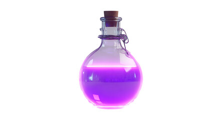 Glowing purple potion in glass bottle isolated on transparent background