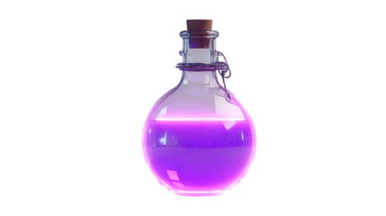 Glowing purple potion in glass bottle isolated on transparent background