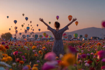 A blissful scene featuring a woman embracing the expanse of a field blooming with flowers amid a festival of hot air balloons at dawn