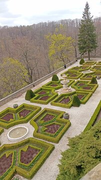 April 12, 2025 Poland Walbrzych castle  Ksiaz . Beautiful historical medieval castle  Ksiaz with garden terraces located in Walbrzych, in the Lower Silesian Voivodeship in southwestern Poland.