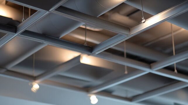 Modern ceiling design featuring exposed ductwork and grid pattern with integrated lighting creates industrial aesthetic. metallic elements and soft lighting add contemporary feel