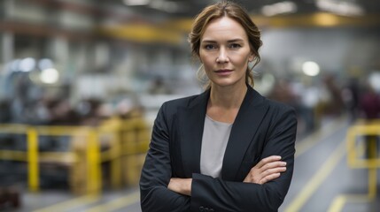 Confident female industrial manager stands in bustling factory, exuding authority and professionalism. She wears business suit, embodying leadership in manufacturing environment