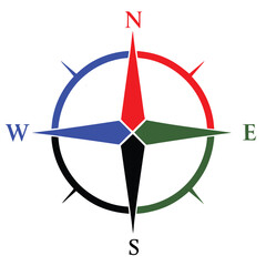  Illustration of Colorful Compass Rose Icon for Navigation and Direction on white background.