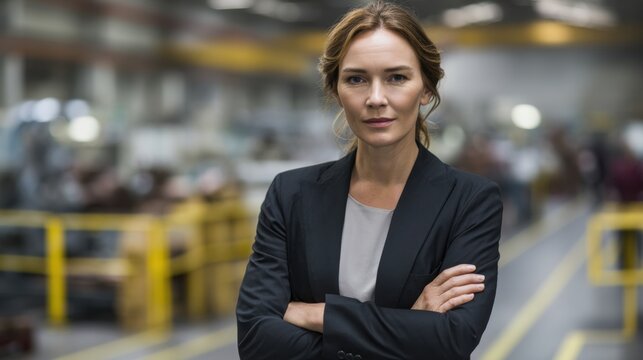 Confident female industrial manager stands in bustling factory, exuding authority and professionalism. She wears business suit, embodying leadership in manufacturing environment
