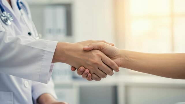 Doctor and patient handshake in hospital office after consultation. Partnership and trust in medical health care concept. Doctor footage.