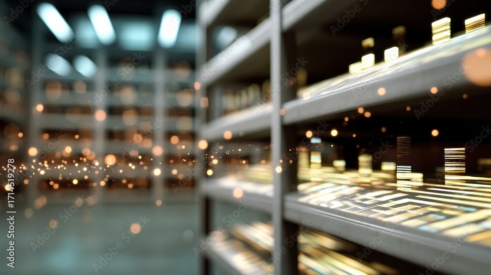 Poster rows of shelves with abstract glowing holographic elements create futuristic and high tech atmospher