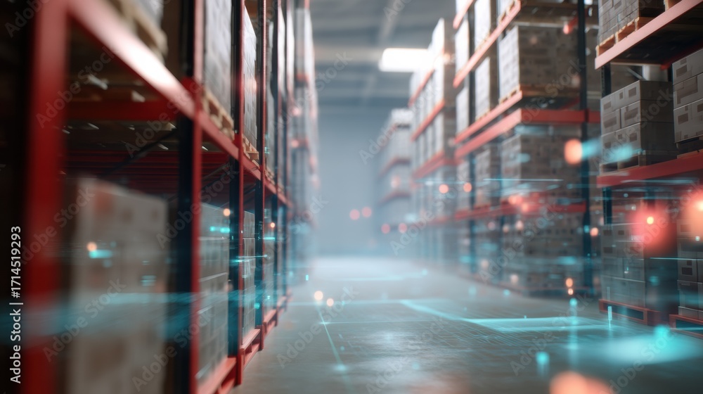 Poster futuristic warehouse with rows of shelves and abstract glowing holographic elements creates high tec