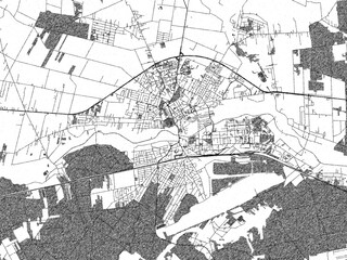 Fototapeta premium Black and white illustrated map of Biala Podlaska, Poland, with streets, rivers, and neighborhoods.