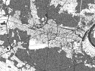 Fototapeta premium Black and white illustrated map of Bydgoszcz, Poland, with streets, rivers, and neighborhoods.