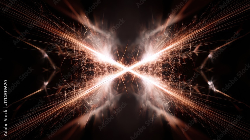Poster symmetrical burst of sparks captured in macro abstract image, showcasing dynamic energy and high fid