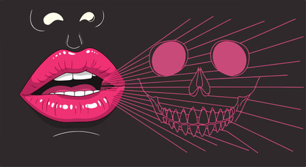 Vibrant illustration of lips speaking a skull, set against a dark background, representing the hidden darkness behind words and communication