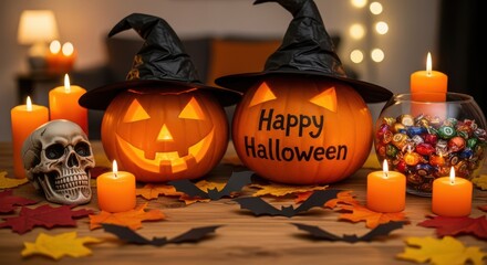 Halloween Decoration with Jack-o-Lanterns and Candies