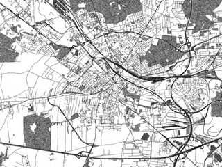 Black and white cartographic illustration of Gliwice, Poland, in hand-drawn sketch form.