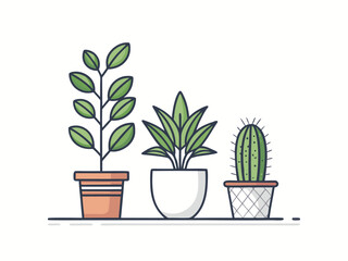 Fototapeta premium Illustration of three potted plants, featuring a variety of plant types including a cactus, showcasing different pot designs and creating a serene botanical scene