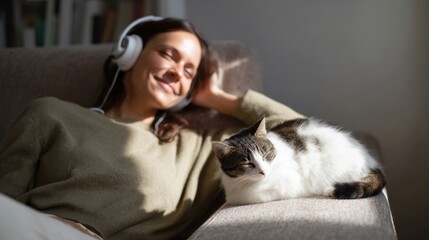 Woman relaxes on sofa with headphones, enjoying music while cat rests beside her, creating peaceful atmosphere