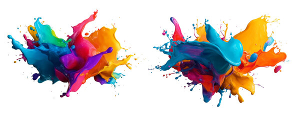 colorful paint splashes, vibrant ink drops isolated on a white background with a clipping path.