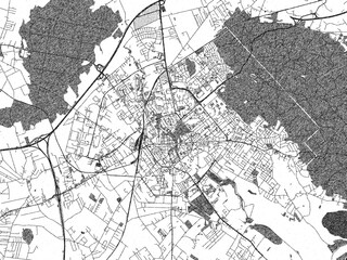 Obraz premium Black and white illustrated map of Koszalin, Poland, with streets, rivers, and neighborhoods.