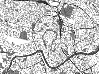 Stylized decorative city map of Krakow city center, Poland, hand-drawn in black and white.