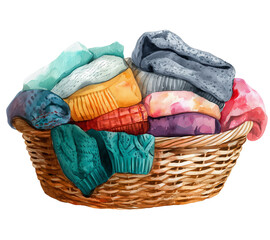 watercolor Colorful knitwear in a wicker basket