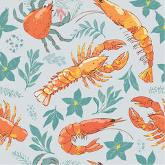 Obraz premium A vibrant, illustrated pattern featuring various sea creatures like shrimp and crabs, surrounded by colorful foliage.