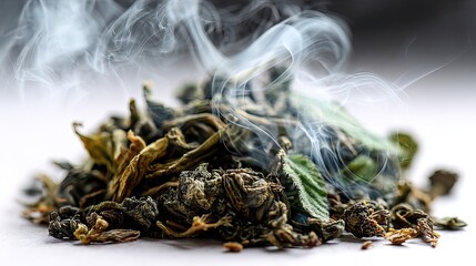 Steaming tea leaves : A close-up shot of dried tea leaves with steam rising. A visual representation of the rich aroma of tea.