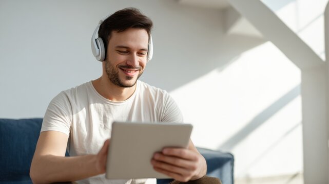 Young man with headphones sits on sofa, smiling while using tablet in bright room. atmosphere is relaxed and cheerful, with natural light streaming in