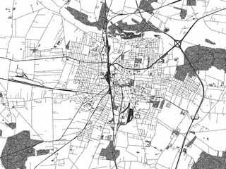 Hand-drawn style black and white city map of Ostrow Wielkopolski, Poland, with detailed streets and textures.
