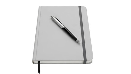Stock photo of a gray notebook journal with pen for writing notes and planning on a white background on transparent background