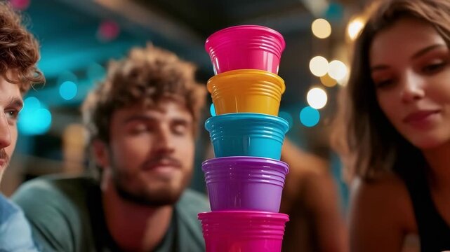 Friends stacking colorful plastic cups into a tall tower at a party.