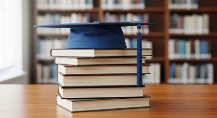 Stack of Books With Graduation Cap in Library