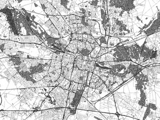 Naklejka premium Illustrated city map of Poznan, Poland, in black and white, showing roads and textures.