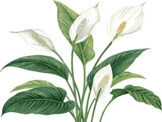 Obraz premium Vector art of elegant peace lily plant with delicate white flowers and lush green leaves, , showcasing its serene beauty and graceful form in a botanical style