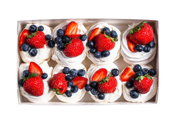 Set of mini Pavlova meringue cakes in box