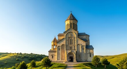 A majestic stone church stands prominently on a rolling green hillside under a clear blue sky.