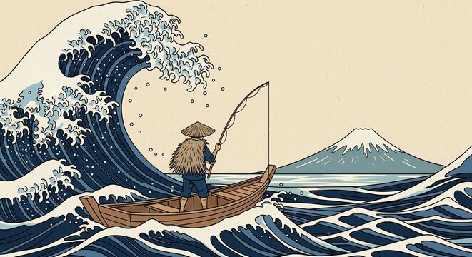 Japanese fisherman in a boat with a big wave in the style of a traditional ukiyo-e woodblock print