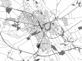 Black and white illustrated map of Stargard, Poland, with streets, rivers, and neighborhoods.