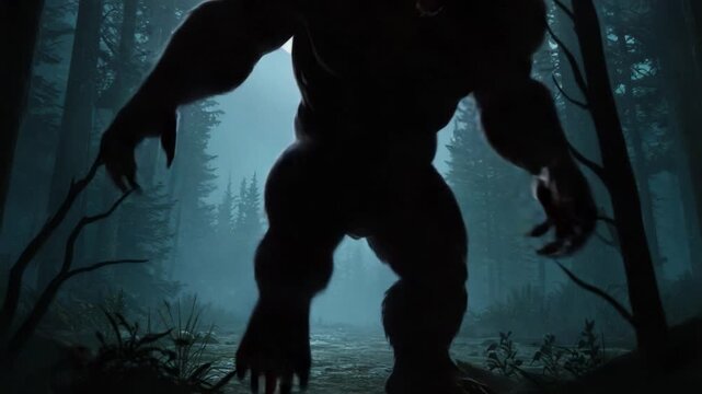 A menacing creature emerges from the shadowy woods, combining the ferocity of a bear with a monstrous form, under a dimly lit moon in an eerie forest setting.