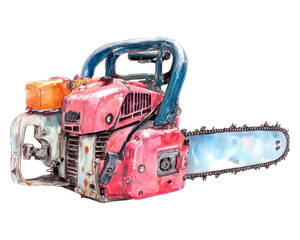 watercolor chainsaw clipart isolated on a transparent background.