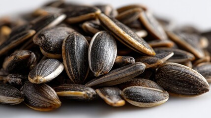 Sunflower Seeds' Abundance: A close-up captures a pile of sunflower seeds, the star shaped seed featuring a striking black and white striped design. A tempting showcase of nature's harvest.