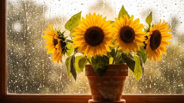 Pot of sunflowers on a windowsill with rain falling on the window glass outside