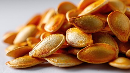 Pile of Roasted Pumpkin Seeds: A macro shot showcasing the rich texture of freshly roasted pumpkin seeds, a flavorful snack or ingredient, perfect for culinary projects.