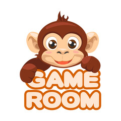 Banner for child play area with inscription Game Room and cute Monkey. Cartoon animal label for playroom, badge or sign for kids club.